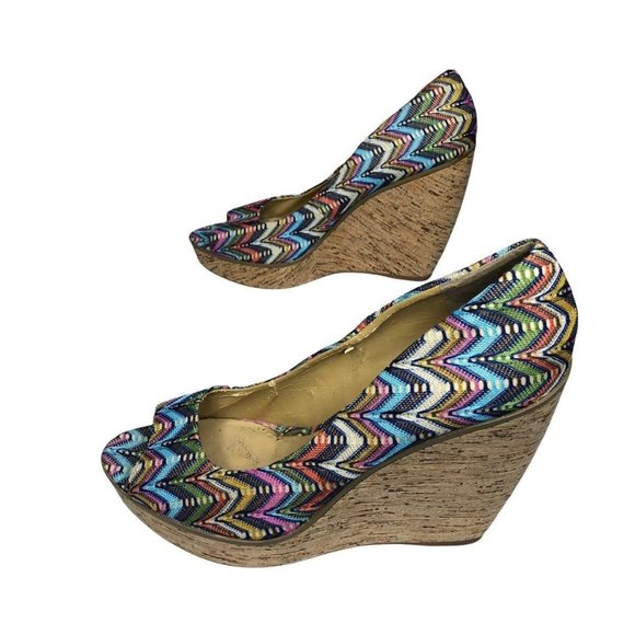 Nine West Wild Thing Sandals Womens Rainbow Cork Wedge Heel Peep Toe Size 9.5 - Picture 3 of 11
